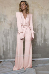 Charming Long Sleeves White V-Neck Long Jump Suit With Belt