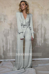 Charming Long Sleeves White V-Neck Long Jump Suit With Belt