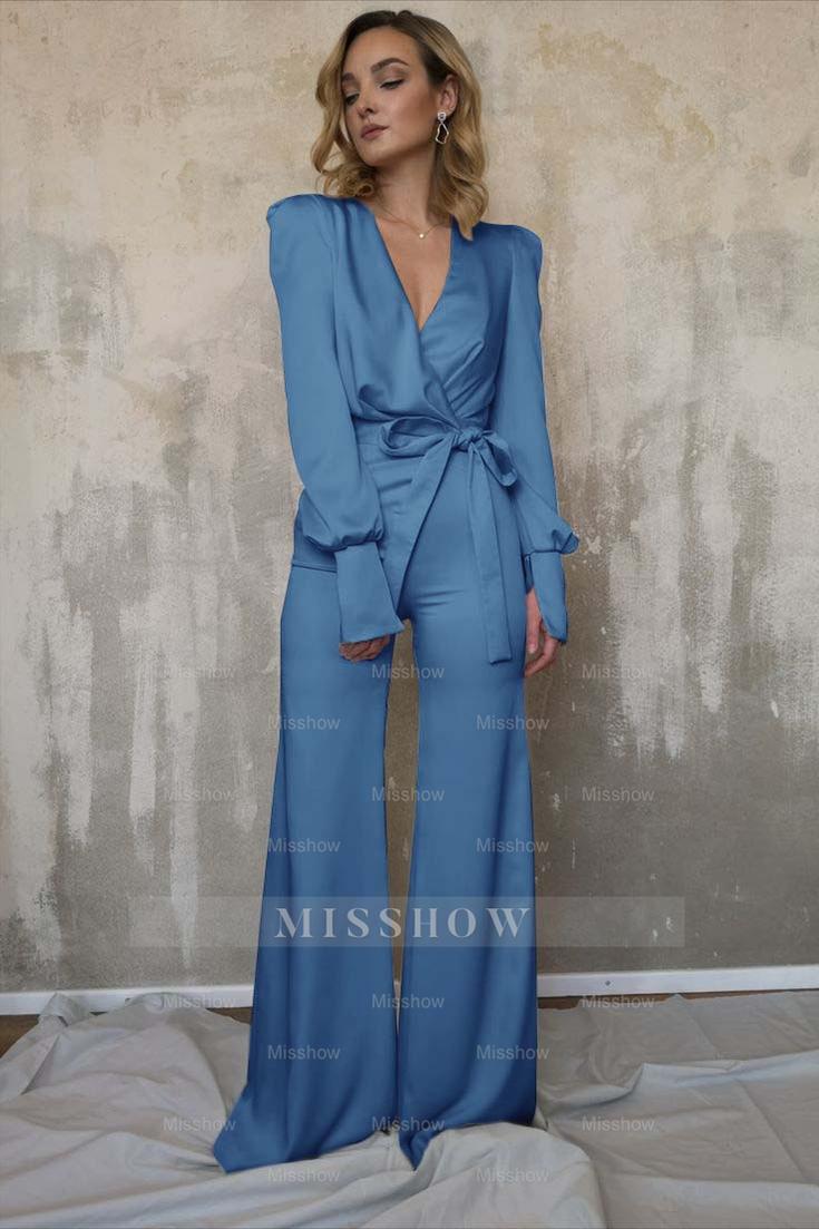 Charming Long Sleeves White V-Neck Long Jump Suit With Belt