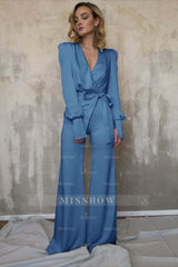 Charming Long Sleeves White V-Neck Long Jump Suit With Belt