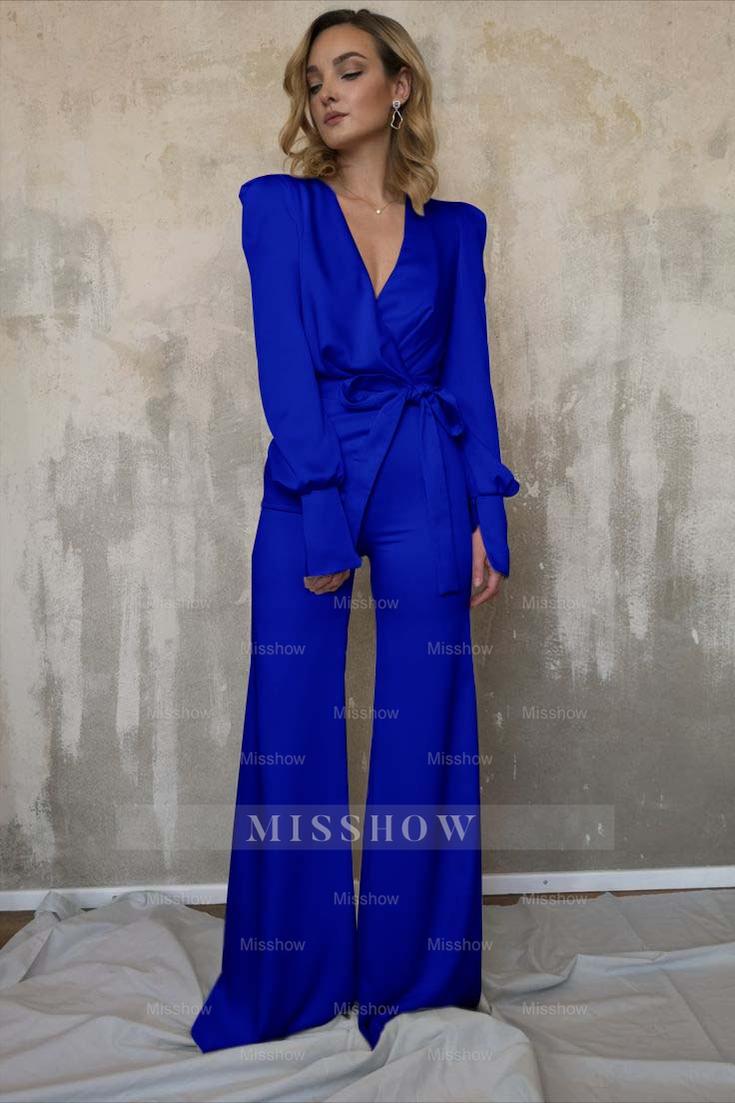 Charming Long Sleeves White V-Neck Long Jump Suit With Belt