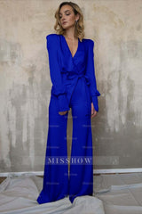 Charming Long Sleeves White V-Neck Long Jump Suit With Belt