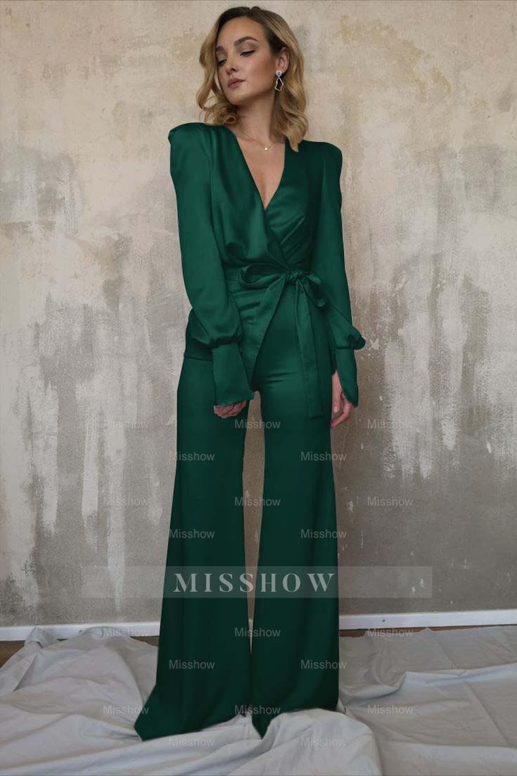 Charming Long Sleeves White V-Neck Long Jump Suit With Belt