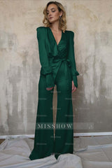 Charming Long Sleeves White V-Neck Long Jump Suit With Belt
