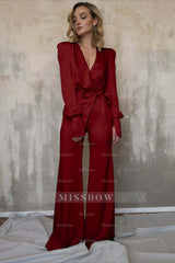 Charming Long Sleeves White V-Neck Long Jump Suit With Belt