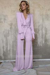 Charming Long Sleeves White V-Neck Long Jump Suit With Belt