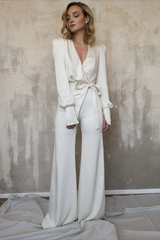 Charming Long Sleeves White V-Neck Long Jump Suit With Belt