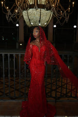 Charming Long Sweetheart Red Mermaid Sequined Prom Dress with Veil