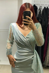 Charming Long V-Neck Long Sleeves Mermaid Prom Dress With Rhinestone