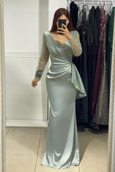 Charming Long V-Neck Long Sleeves Mermaid Prom Dress With Rhinestone