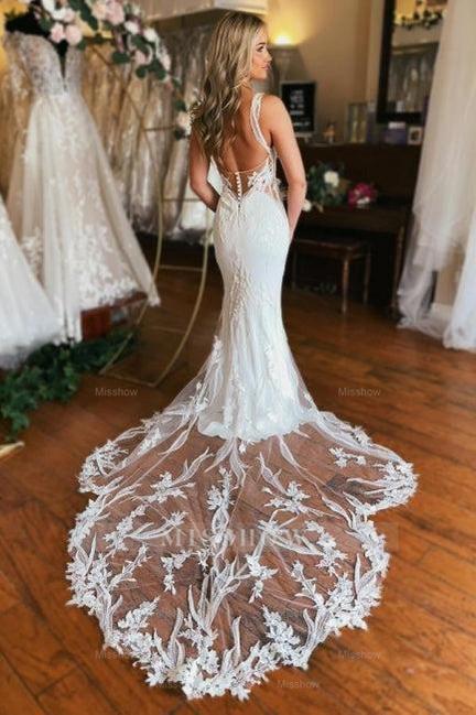 Charming Long V-neck Mermaid Sleeveless Wedding Dress With Lace