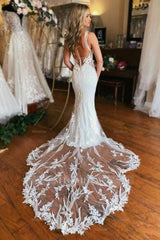 Charming Long V-neck Mermaid Sleeveless Wedding Dress With Lace