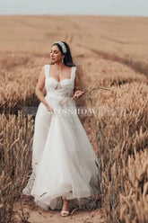Charming Long White A-line Tulle Sleeveless Wedding Dress with Lace
