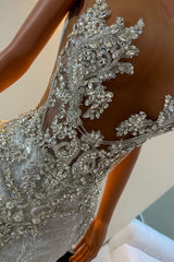Charming Mermaid Crew Beaded Sleeveless Sweep Train Tulle Prom Dresses With Appliques And Rhinestones