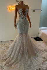 Charming Mermaid Crew Beaded Sleeveless Sweep Train Tulle Prom Dresses With Appliques And Rhinestones
