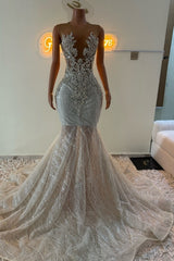 Charming Mermaid Crew Beaded Sleeveless Sweep Train Tulle Prom Dresses With Appliques And Rhinestones