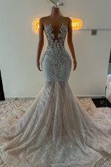 Charming Mermaid Crew Beaded Sleeveless Sweep Train Tulle Prom Dresses With Appliques And Rhinestones