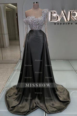 Charming Olive Square A-Line Long Sleeves Beaded Lace Column Panel Train Satin Prom Dresses With Pearls