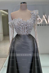 Charming Olive Square A-Line Long Sleeves Beaded Lace Column Panel Train Satin Prom Dresses With Pearls