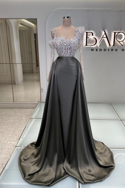 Charming Olive Square A-Line Long Sleeves Beaded Lace Column Panel Train Satin Prom Dresses With Pearls