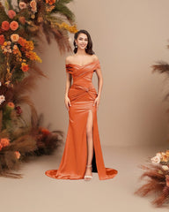 Charming Orange Mermaid Strapless Off-The-Shoulder Sleeveless Ruffles Satin Formal Dress With Slit