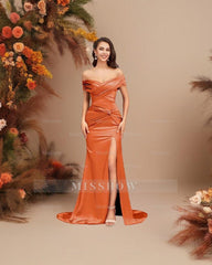 Charming Orange Mermaid Strapless Off-The-Shoulder Sleeveless Ruffles Satin Formal Dress With Slit