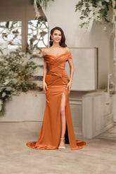 Charming Orange Mermaid Strapless Off-The-Shoulder Sleeveless Ruffles Satin Formal Dress With Slit