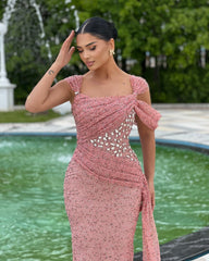 Charming Pink Column Square Sleeveless Beaded Sequined Long Formal Dress With Rhinestones
