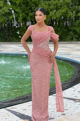 Charming Pink Column Square Sleeveless Beaded Sequined Long Formal Dress With Rhinestones