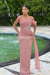 Charming Pink Column Square Sleeveless Beaded Sequined Long Formal Dress With Rhinestones