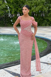 Charming Pink Column Square Sleeveless Beaded Sequined Long Formal Dress With Rhinestones