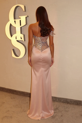 Charming Pink Column Strapless Beaded One-Shoulder Sleeveless Long Satin Evening Dresses with Rhinestones