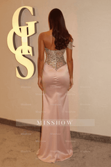 Charming Pink Column Strapless Beaded One-Shoulder Sleeveless Long Satin Evening Dresses with Rhinestones