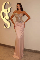 Charming Pink Column Strapless Beaded One-Shoulder Sleeveless Long Satin Evening Dresses with Rhinestones