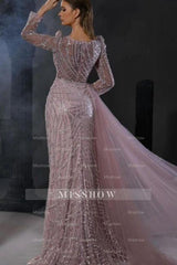 Charming Pink Mermaid Crew Beaded Long Sleeves Tulle Panel Train Long Evening Dresses