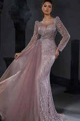 Charming Pink Mermaid Crew Beaded Long Sleeves Tulle Panel Train Long Evening Dresses