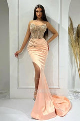 Charming Pink Sleeveless Beaded Satin Split Front Panel Train Ruffle Prom Evening Dresses With Rhinestones