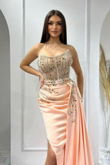 Charming Pink Sleeveless Beaded Satin Split Front Panel Train Ruffle Prom Evening Dresses With Rhinestones