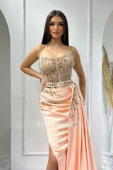 Charming Pink Sleeveless Beaded Satin Split Front Panel Train Ruffle Prom Evening Dresses With Rhinestones
