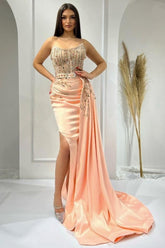Charming Pink Sleeveless Beaded Satin Split Front Panel Train Ruffle Prom Evening Dresses With Rhinestones