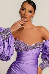 Charming Purple Strapless Mermaid Long Formal Dress With Appliques Puff Sleeves