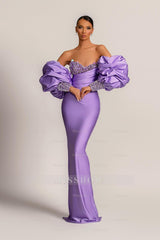 Charming Purple Strapless Mermaid Long Formal Dress With Appliques Puff Sleeves