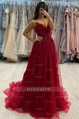 Charming Red A-Line Spaghetti Strap V-Neck Beaded Sleeveless Long Tulle Evening Dresses With Appliques