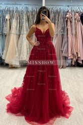 Charming Red A-Line Spaghetti Strap V-Neck Beaded Sleeveless Long Tulle Evening Dresses With Appliques
