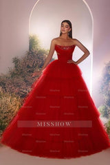 Charming Red A-Line Strapless Sequined Sleeveless Floor-Length Tulle Prom Dresses With Rhinestone