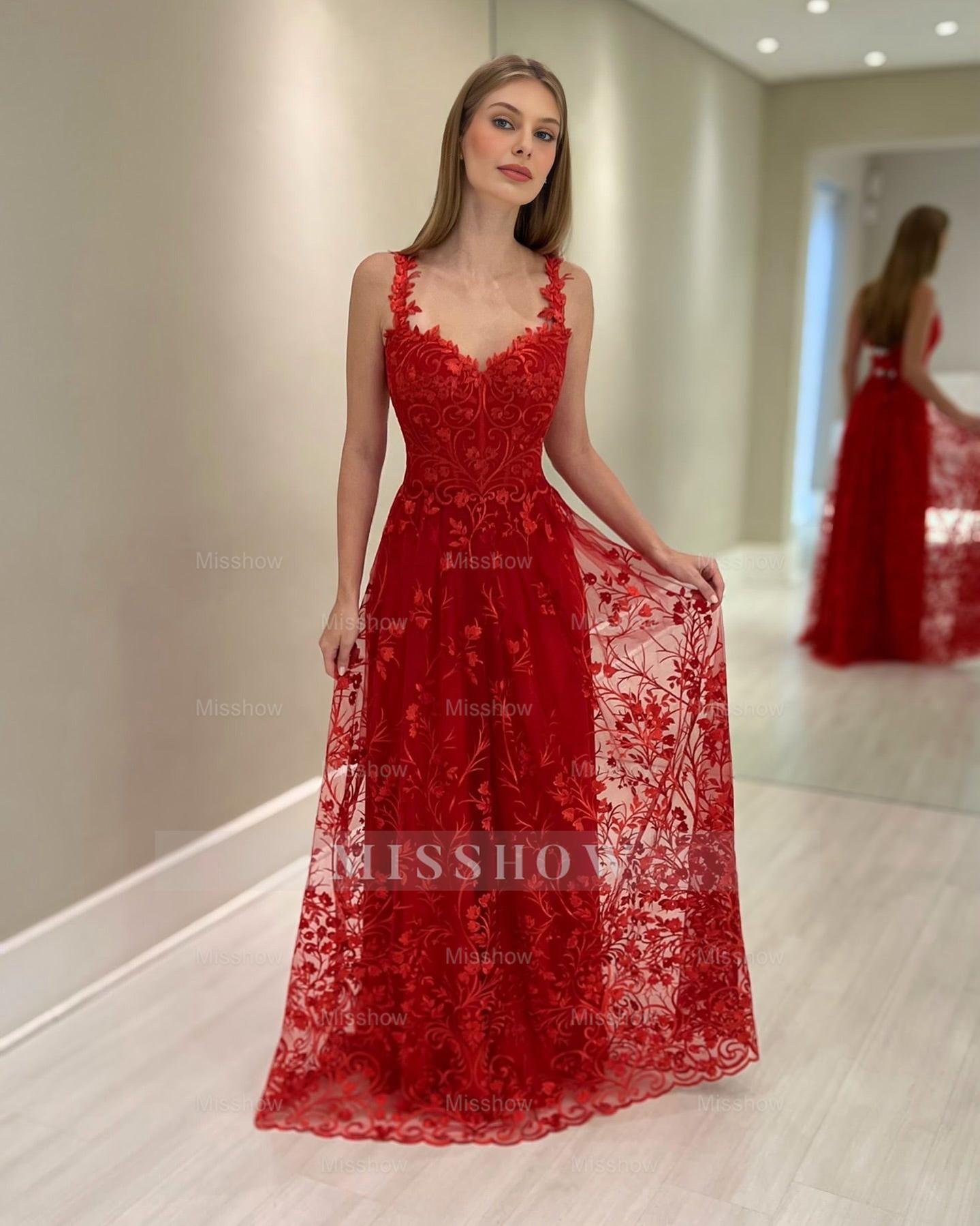 Charming Red A-Line Sweetheart Lace Spaghetti Straps Sleeveless Tulle Floor-Length Mothe of the Bride Dress