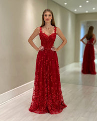 Charming Red A-Line Sweetheart Lace Spaghetti Straps Sleeveless Tulle Floor-Length Mothe of the Bride Dress