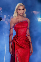 Charming Red Column Asymmetrical Long Illusion Sleeves Beaded Split Front Long Satin Evening Dresses With Ruffles