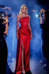 Charming Red Column Asymmetrical Long Illusion Sleeves Beaded Split Front Long Satin Evening Dresses With Ruffles