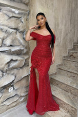 Charming Red Mermaid Off-The-Shoulder Strapless Beaded Floor-Length Formal Dress With Slit